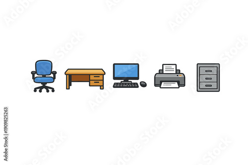 A collection of five flat office icons including a blue chair, a wooden desk, a computer set, a printer, and a grey filing cabinet, all arranged horizontally on a black background.
