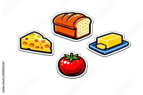 A collection of four food stickers featuring a loaf of bread, a wedge of Swiss cheese, a stick of butter on a blue dish, and a ripe red tomato, all set against a solid black background.