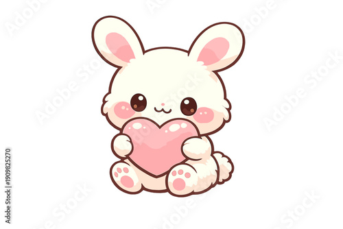 This adorable white cartoon rabbit illustration features a fluffy bunny holding a large pink heart. The character has big brown eyes and pink cheeks on a solid black background.