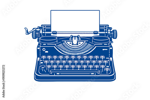This blue and white stylized illustration depicts a classic vintage typewriter with a blank sheet of paper. The graphic design is presented on a solid black background with clean lines.