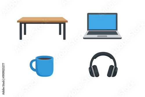 A collection of four flat icons featuring a wooden table, a laptop with a blue screen, a blue coffee mug, and black headphones, all isolated on a solid black background.