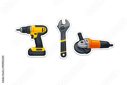 A collection of three tool stickers featuring a yellow cordless drill, a grey adjustable wrench, and an orange angle grinder, all set against a solid black background.