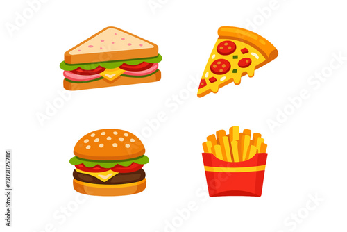 A collection of four colorful fast food illustrations including a sandwich, a slice of pepperoni pizza, a cheeseburger, and a box of french fries isolated on a black background.