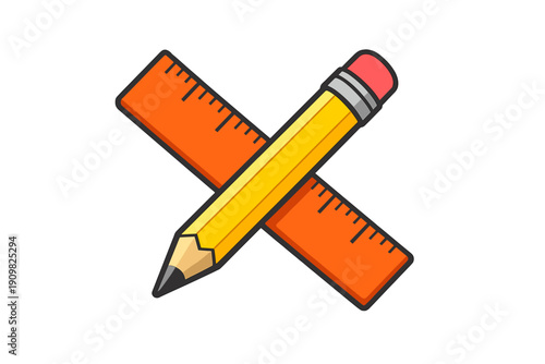 A flat design illustration featuring a yellow pencil with a red eraser and an orange ruler crossed over each other. The image is set against a dark black background for contrast.