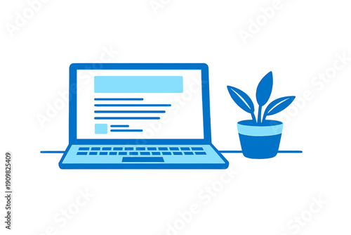 A blue flat illustration of a laptop computer sitting on a desk next to a small potted plant with three leaves. The screen shows a simplified website layout with text blocks.