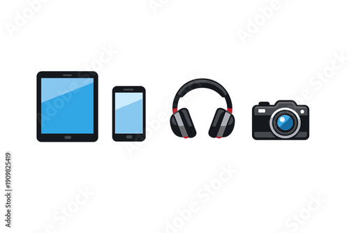 Four modern electronic gadget icons including a tablet, a phone, headphones, and a digital camera are depicted in a clean flat illustration style on a dark background.