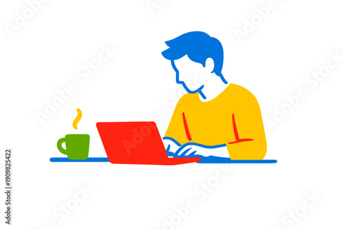 A minimalist illustration of a person with blue hair and a yellow shirt working on a red laptop at a desk next to a green mug of hot coffee against a black background.