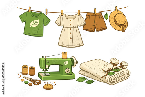 This illustration shows sustainable fashion items like a green shirt and dress on a clothesline, paired with a sewing machine, cotton bolls, and tailoring accessories below.
