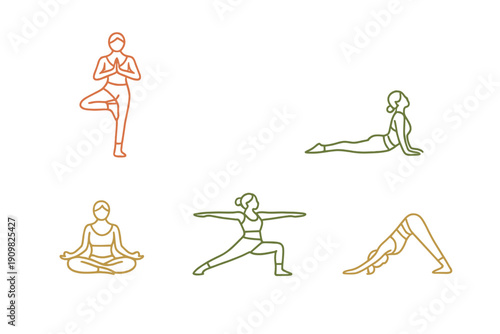 Five colorful line art icons showing different yoga positions like lotus, tree, and warrior poses. These minimalist illustrations are set against a solid black background.