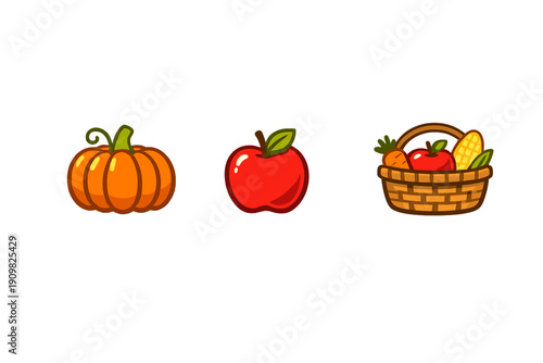 A set of three autumn-themed icons featuring an orange pumpkin, a red apple, and a wicker basket filled with a carrot, an apple, and corn, all set against a solid black background.