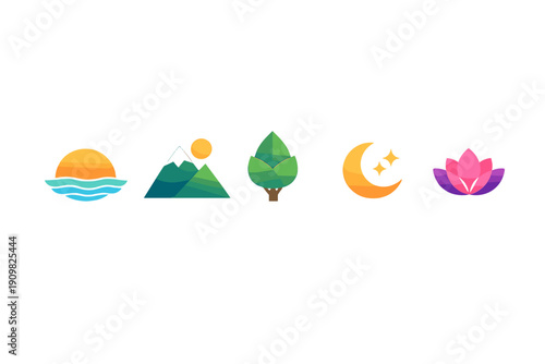 A set of five minimalist nature icons featuring a sunset over waves, green mountains, a leafy tree, a crescent moon with stars, and a blooming lotus flower on a black background.