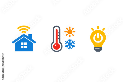 Vector illustration of smart home icons featuring a blue house with wifi signal, a thermometer with sun and snowflake symbols, and a yellow light bulb with a power icon.