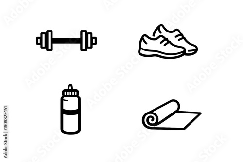 A minimalist illustration featuring white icons of a stopwatch, athletic shoes, a water bottle, and a yoga mat arranged on a black background, representing fitness.