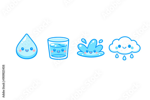 A collection of four cute blue water characters including a droplet, a glass of water, a splash, and a rain cloud with a smiling face, isolated on a solid black background.