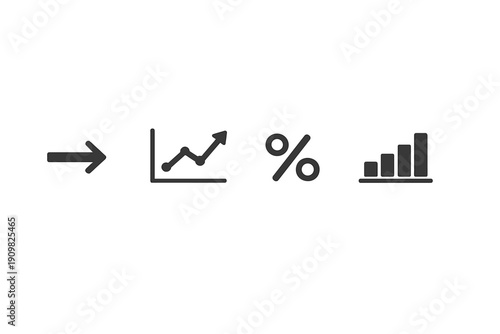 A sequence of four grey icons on a black background representing business growth, including a right arrow, an upward line graph, a percentage sign, and a rising bar chart.