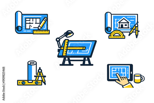 A collection of architectural design icons featuring blueprints, a drafting table with a lamp, drawing tools like a compass and ruler, and a digital tablet showing a floor plan.