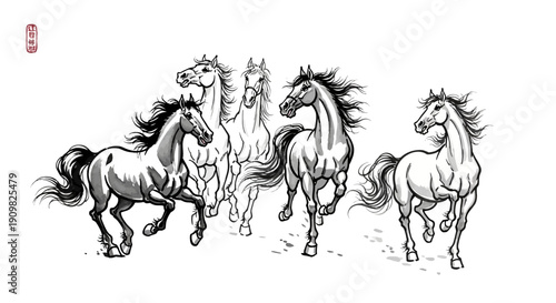 Dynamic Ink Painting Captures the Majestic Movement of Galloping Horses in Full Stride