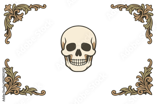 A cream-colored human skull sits in the center of a black background. Ornate acanthus leaf patterns decorate the four corners in a vintage style with muted green and tan colors.