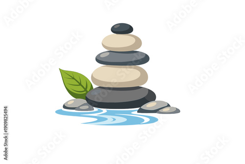 An illustration of a balanced stack of five smooth stones in grey and beige, accompanied by a green leaf and a small pool of blue water against a solid black background.