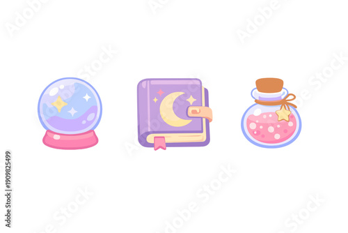 A set of three cute magical icons featuring a glowing crystal ball, a purple spellbook with a crescent moon, and a pink potion bottle with a star charm on a black background.