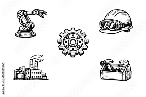 A collection of white hand-drawn industrial icons on a black background, featuring a robotic arm, a gear, a hard hat with goggles, a factory building, and a toolbox with various hand tools.