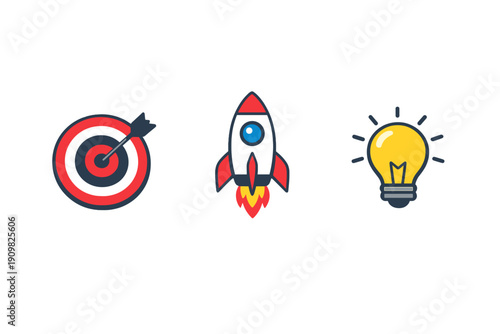 A set of three colorful flat icons on a black background featuring a target with an arrow, a launching rocket, and a glowing yellow light bulb symbolizing innovation and business success.