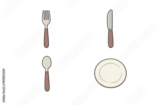 This illustration set includes a fork, a knife, a spoon, and a plate. The cutlery features brown handles and light gray metal parts, all presented in a simple flat style on a black background.