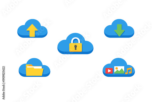 A set of five blue cloud icons on a black background illustrating various digital services including file upload, download, secure storage, folders, and multimedia content.
