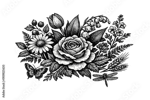 A detailed black and white illustration of a floral bouquet featuring a large rose, daisy, tulip, and lily of the valley, accompanied by a butterfly and a dragonfly on a black background.