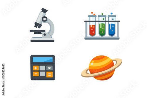 This set of educational illustrations features a microscope, three test tubes in a rack, a digital calculator, and a ringed planet, presented in a flat design style on black.