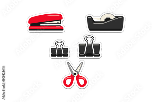 A collection of office supply icons including a red stapler, a black tape dispenser, two binder clips, and red-handled scissors, all presented as stickers on a black background.