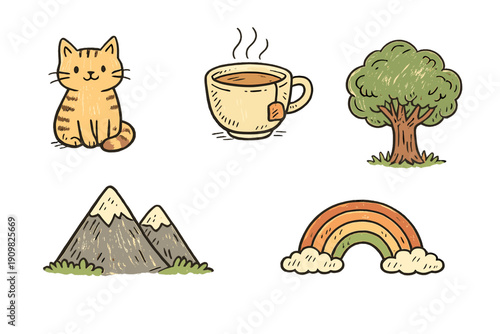 A collection of five hand-drawn illustrations featuring a cute orange cat, a steaming cup of tea, a green tree, snow-capped mountains, and a colorful rainbow on a black background.