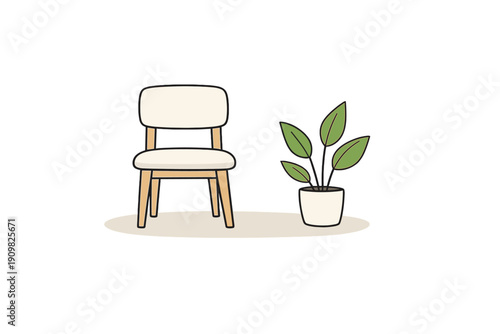 A minimalist illustration featuring a white cushioned chair with wooden legs and a green potted plant sitting on a light beige oval rug against a solid black background.