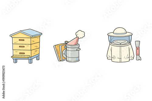 A set of three beekeeping illustrations featuring a yellow wooden beehive, a metal bee smoker with bellows, and a white protective beekeeper suit with a hive tool on a black background.
