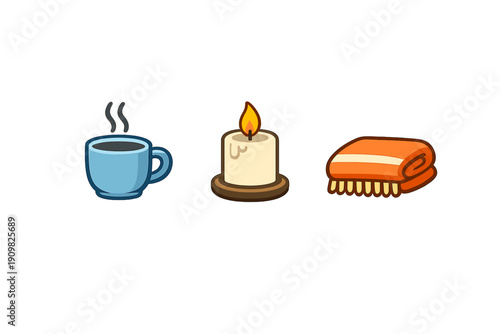 An illustration featuring a steaming blue mug of coffee, a lit white candle on a wooden base, and a folded orange blanket with fringe, all set against a solid black background.