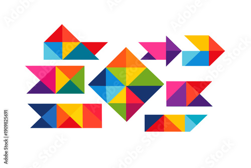 Vibrant geometric patterns made of colorful triangles are scattered across a black background. The abstract shapes include diamonds and arrows in red, orange, yellow, green, and blue.