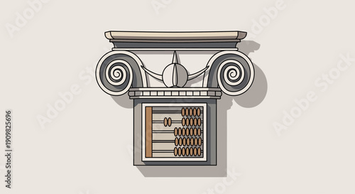 Conceptual illustration blending classical Greek architecture with an abacus, representing the enduring principles of finance, accounting, and economic history