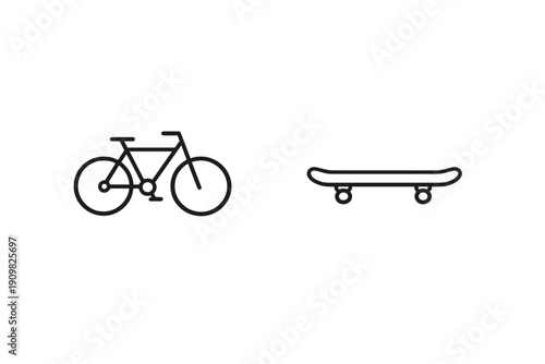This minimalist graphic features white line art icons of a bicycle and a skateboard against a solid black background. It showcases two common forms of personal urban transportation.