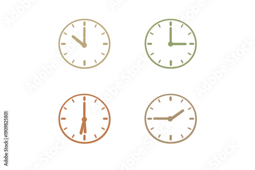 A set of four minimalist analog clock icons displayed on a solid black background, each showing a different time with simple hands and markers in muted gradient colors.