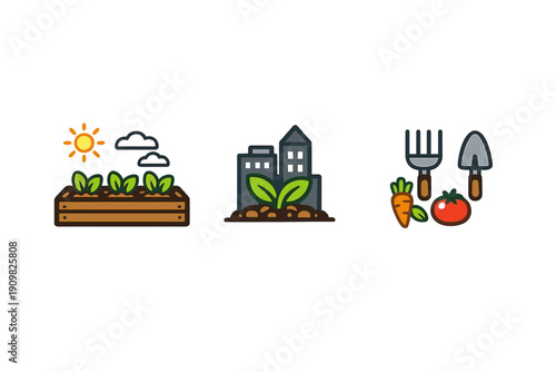Three flat icons representing urban gardening, featuring a wooden planter box with sprouts under a sun, a plant growing in front of city buildings, and garden tools with vegetables.