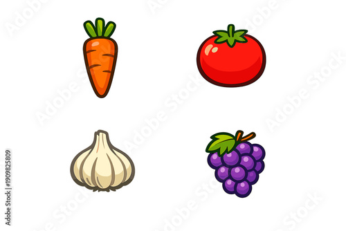 A collection of four cartoon illustrations featuring a carrot, a red tomato, a garlic bulb, and a bunch of purple grapes, all set against a solid black background in a vector style.