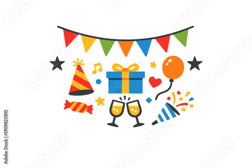 A colorful collection of party elements including a gift box, party hat, balloon, and champagne glasses arranged under a string of bunting flags on a black background.