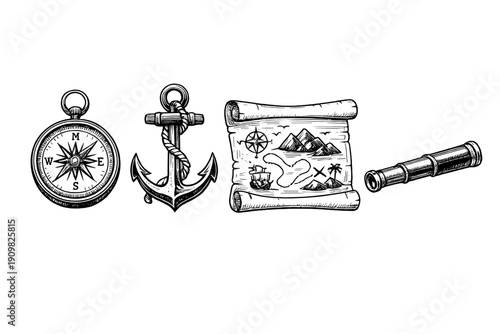 A collection of four vintage nautical illustrations including a compass, an anchor with rope, a treasure map, and a telescope, all rendered in a black and white woodcut style.