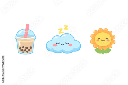 Three cute kawaii style icons featuring a cup of bubble tea with a pink straw, a sleeping blue cloud with yellow zzz symbols, and a smiling yellow sunflower on a black background.