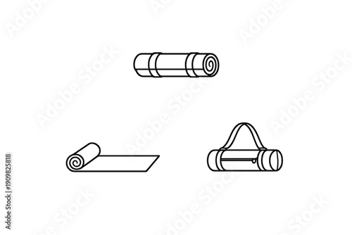 A set of three minimalist line art icons depicting yoga mats in different states: rolled up with straps, partially unrolled, and stored inside a carrying bag with a handle.