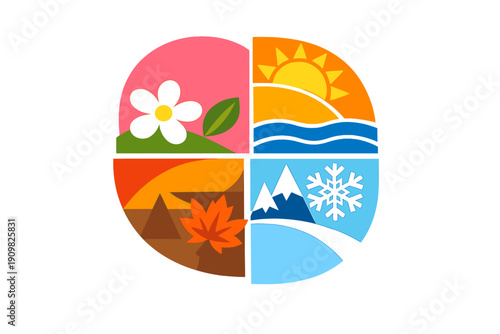 A circular vector illustration divided into four quadrants representing spring, summer, autumn, and winter with minimalist icons like a flower, sun, leaf, and snowflake on a black background.