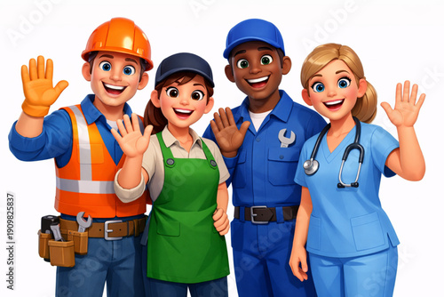 Workers Waving in Friendly Welcome Pose in Cheerful Full Body 3D Render