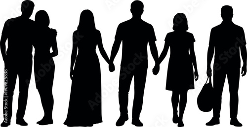 Collection of diverse people silhouettes in black representing various relationships and activities together