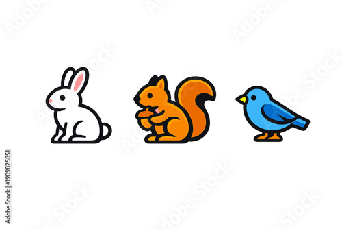 A white rabbit, an orange squirrel with an acorn, and a blue bird are shown as flat design icons. These colorful animal illustrations are set against a dark black background.