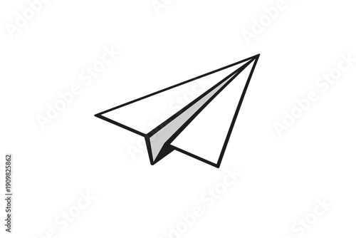 A simple illustration of a white paper airplane flying against a solid black background. The drawing features clean black outlines and subtle grey shading on the folded wings.